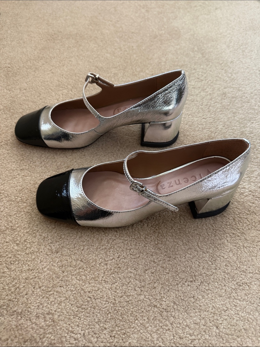 NEW VINCENZA Metallic Silver and Black Mary Jane Block Heel- sold out online